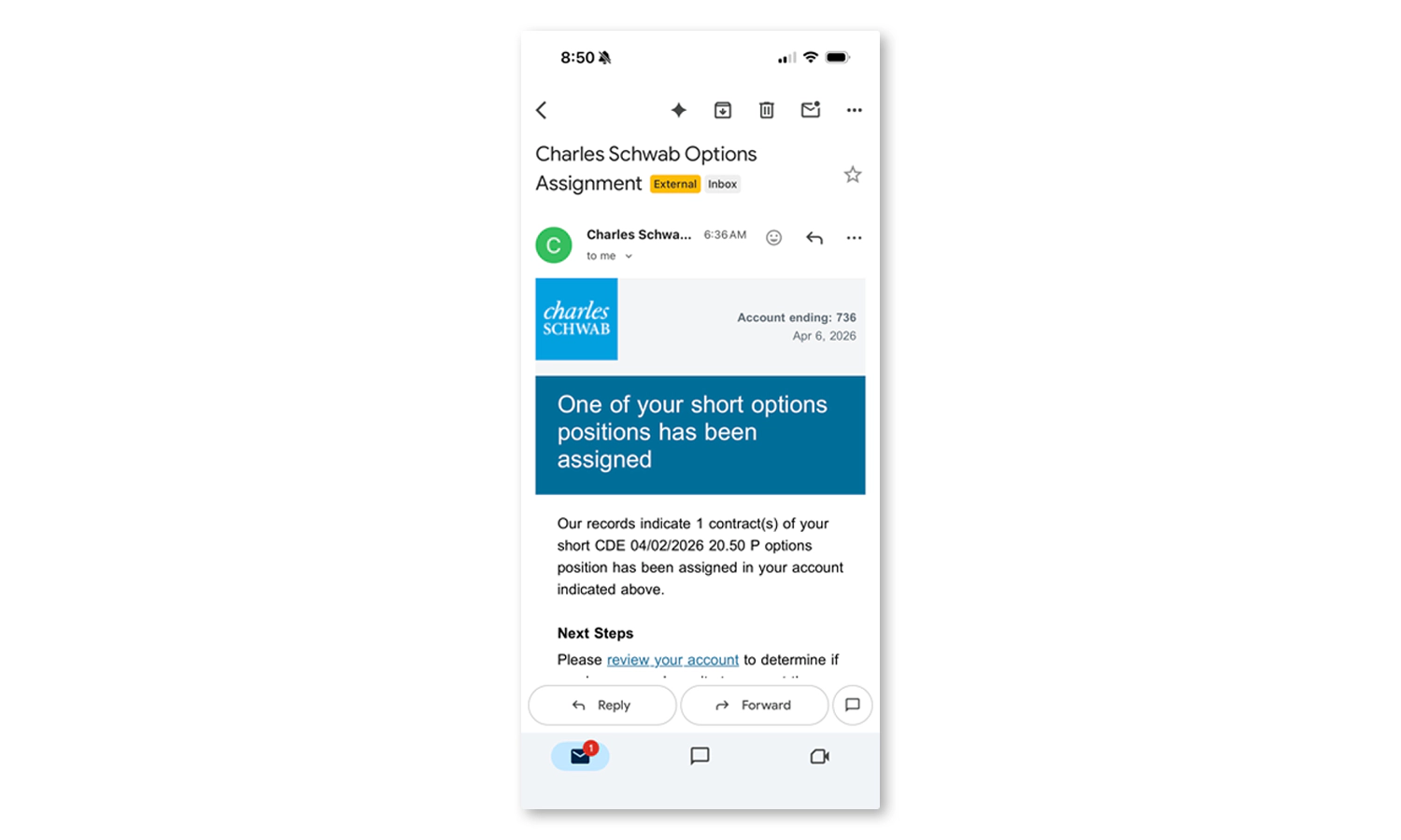 Charles Schwab assignment confirmation email for CDE put at 20.50 strike