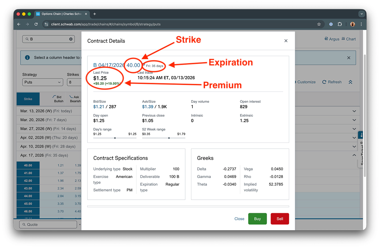 Options contract components: strike, expiration, premium